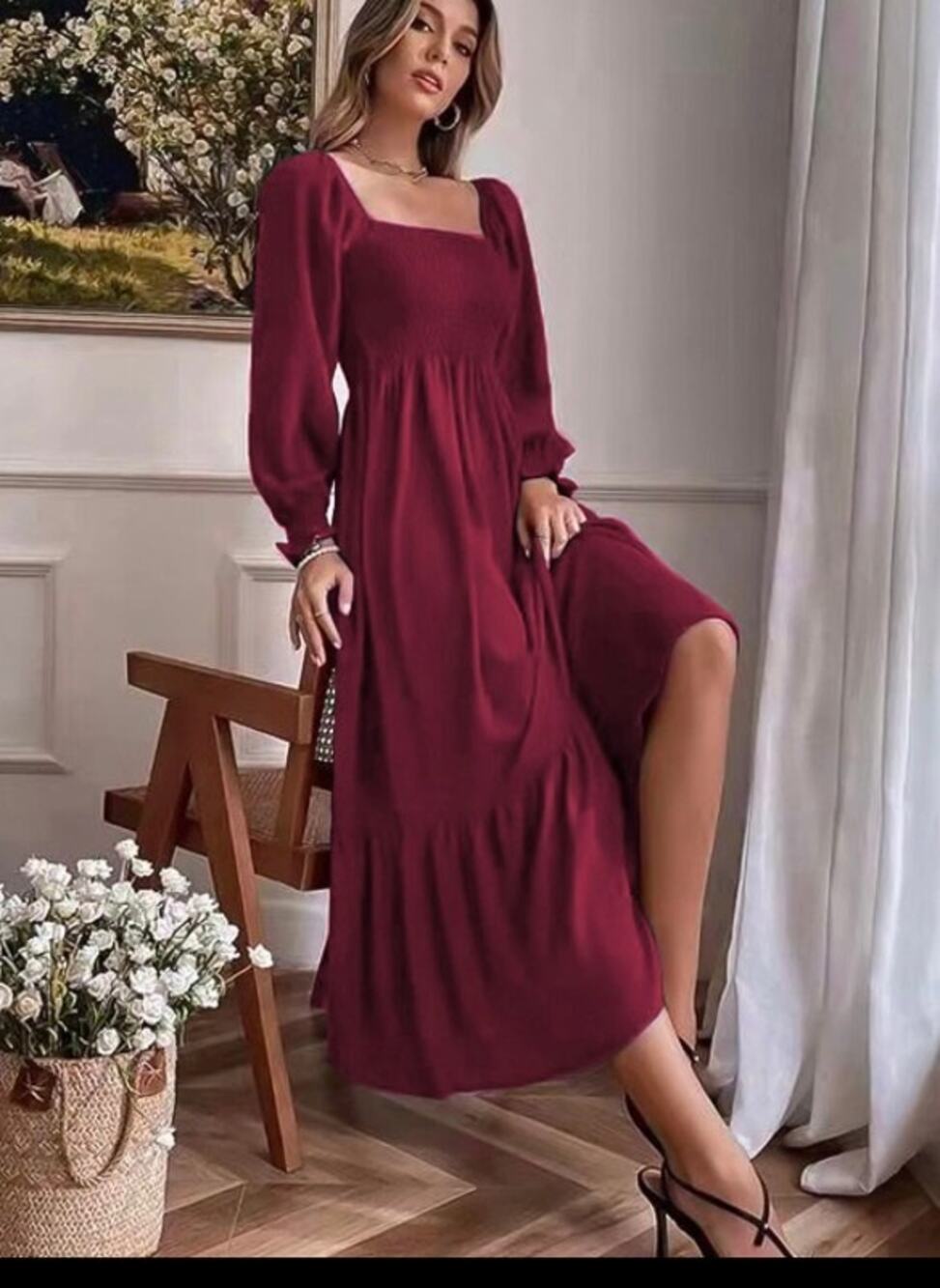 Women's Square Neck Ruffle Hem Long Sleeve Maxi Dress Wine Red XL